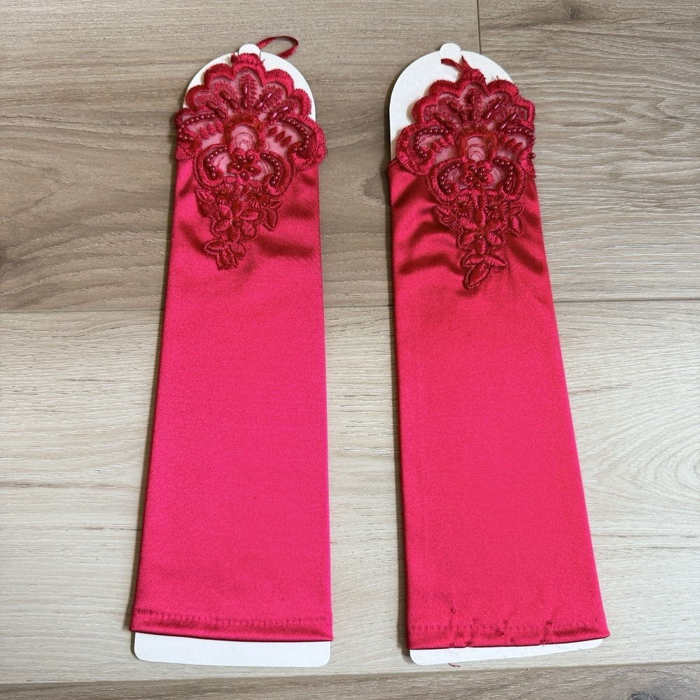 Red Satiny Opera Gloves Lace and Sequin Formal Evening Party